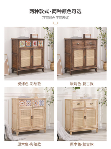 Antique-style wall-mounted storage cabinet for living room, modern Chinese solid wood sideboard with rattan cabinets, home-use tea and water cabinet