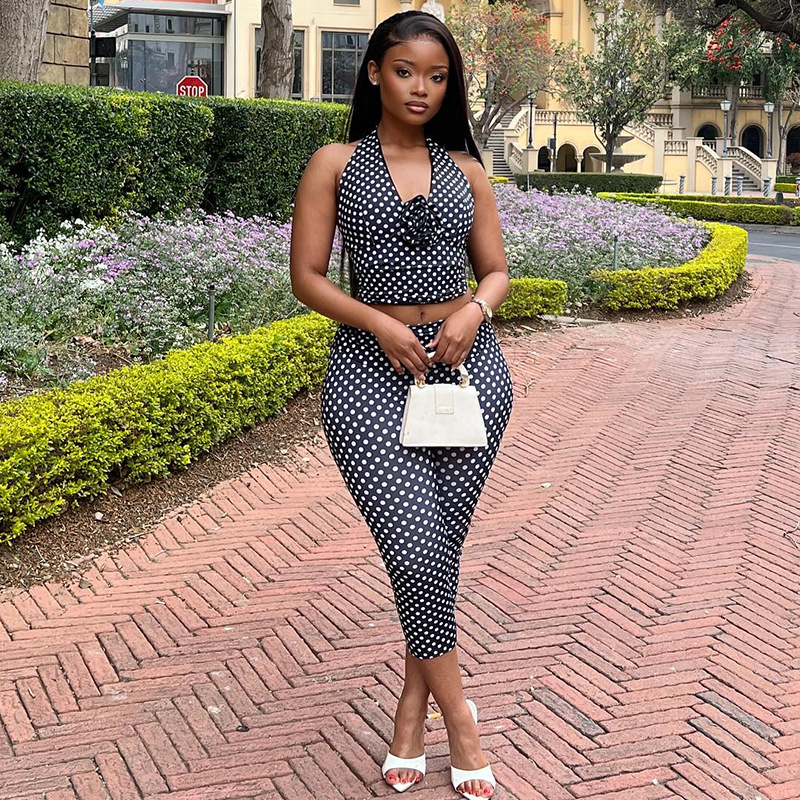 欧美风外贸运动街头女装波点印花裤套装挂脖上衣小脚紧身裤两件套