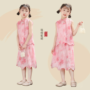 Summer New Children's Hanfu Dress Set for Girls, Improved Cheongsam Dress, New Chinese Style Girl's National Style Suit, Fashionable Hanfu