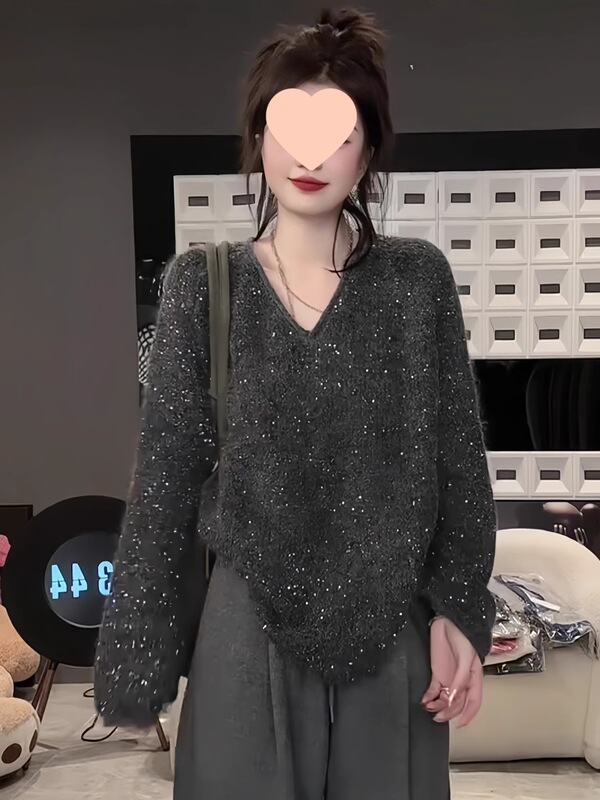 2025新款设计感秋装上衣重工细闪亮片毛衣女宽松外搭女装针织衫|undefined