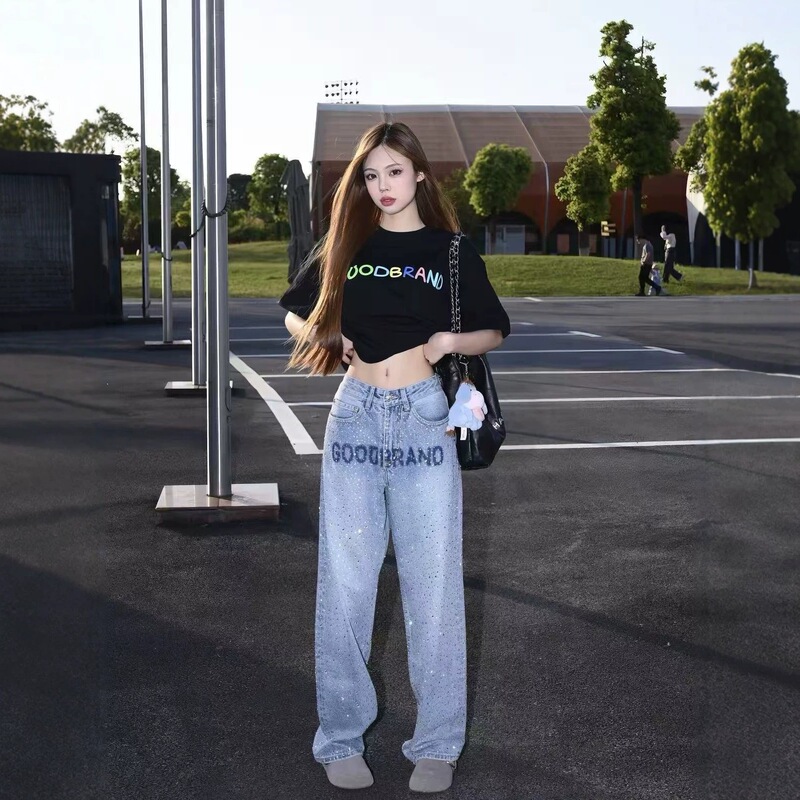 GOODBRAND New Full-Diamond Letter Logo Light Luxury High-End Rhinestone Jeans Unisex Trendy Pants GOODBRAND New Full-Diamond Letter Logo Light Luxury High-End Rhinestone Jeans Unisex Trendy Pants
