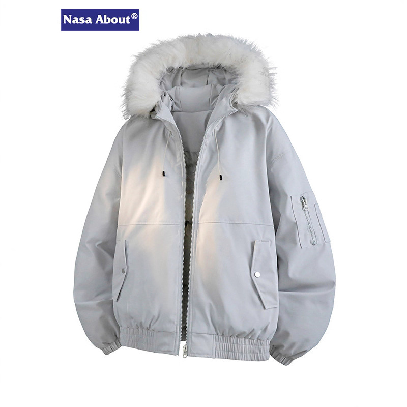 Nasa about American-Style Parka Cotton Jacket for Men, Winter Thickened Warm Cold-Proof Cotton Coat with Large Fur Collar