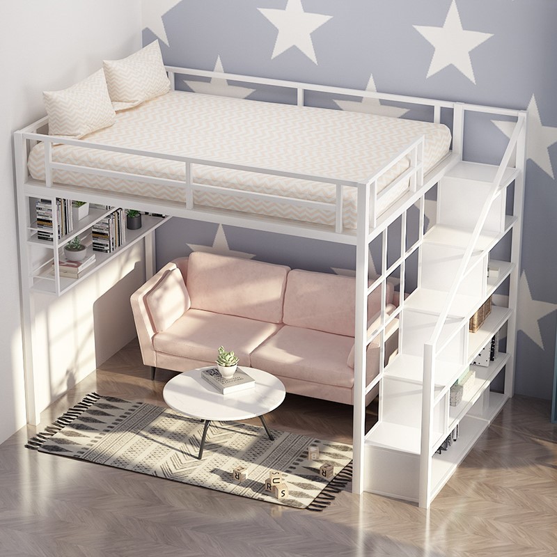 Nordic Wrought Iron Loft Bed with Upper and Lower Tables, Space-Saving Double Iron Frame Bed for Small Apartments