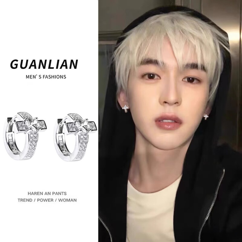 2025 Cross Earrings Men's Trendy Earrings Micro-studded Hip-hop Style Men's High-end Elegant Elegant Couple Earrings New Arrival