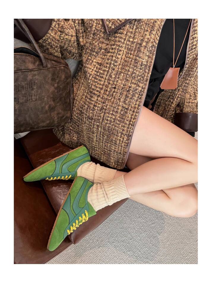 Giày sneaker nữ da thật cổ thấp dáng cổ điển buộc dây phối màu — Bạc, màu nâu, màu xanh lá cây, màu đỏ chi tiết 12