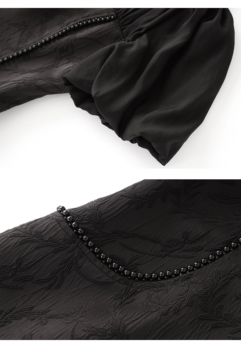 Đầm maxi nữ thắt eo phong cách dân tộc, phù điêu jacquard đính hạt satin — Màu đen chi tiết 18
