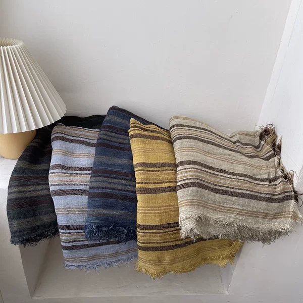 【Artistic and Storytelling】Cool Japanese-style striped cotton-linen scarf with lazy tassels, versatile neck warmer and air-conditioning shawl