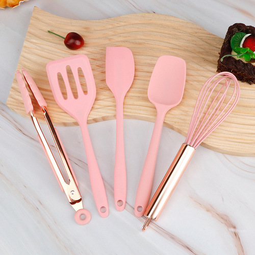 Silicone kitchenware 5-piece set Rose gold children's cooking spoon spatula food clip egg beater baking tool set