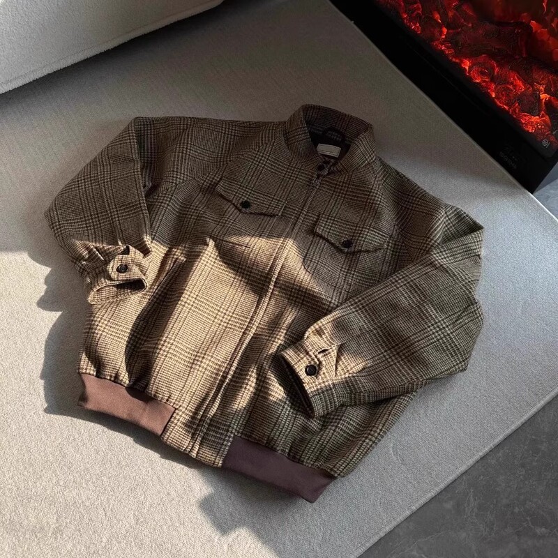 American Retro Houndstooth Men's Jacket for Spring and Autumn, Trendy Brand with a High-End Feel, Old Money Style, Stand Collar Wool Harrington Jacket