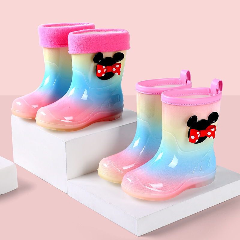 Plastic Children's Waterproof Non-Slip Rainbow Mickey Mouse Mid-Calf Rain Boots Crystal Fleece-Lined Warm Gradient Color Girls' Rain Shoes