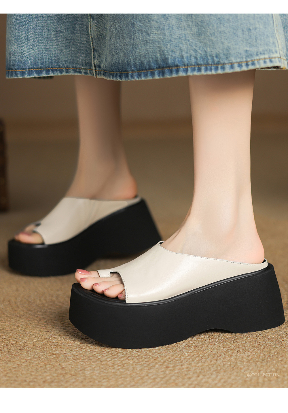 Sandal miệng cá đế xuồng cao su dày dáng người nhỏ, dép xỏ ngón mùa hè platform — Màu đen chi tiết 1