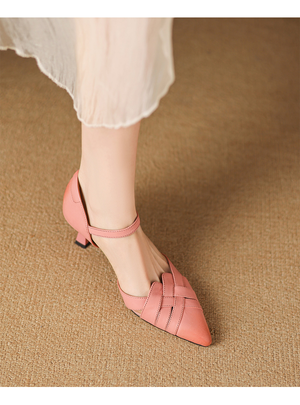 Giày sandal cao gót nữ quai ngang mũi nhọn da cừu gót 5,5 cm — đen chi tiết 17