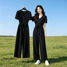 高级感连体裤女2026夏季新款韩版高腰黑色显瘦修身V领阔腿连衣裤