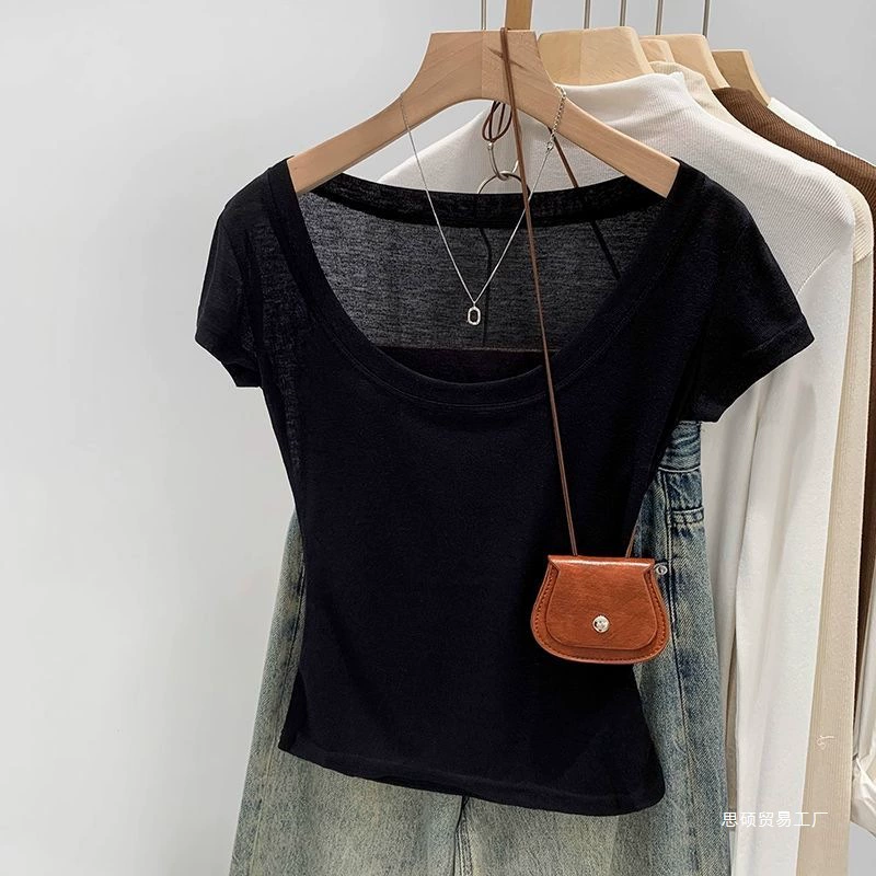 Оранжево-розовый корейский стиль с большим воротником, открытой ключицей, легкая и слегка прозрачная рубашка с короткими рукавами на правое плечо для женщин, летний топ для похудения Pure Desire