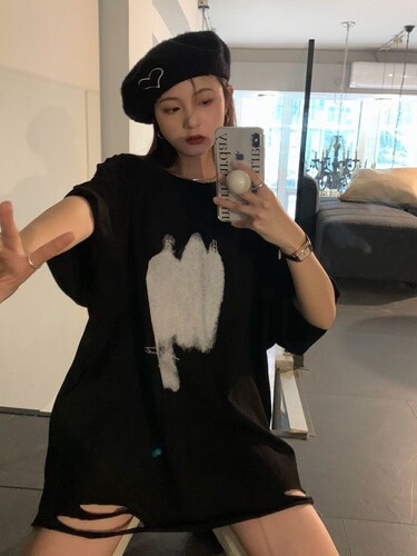 Hole Short Sleeve T-Shirt Women Spring Summer 2024 New Loose Slimming Versatile Large Size Base Shirt Top Fashion
