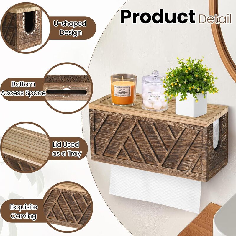 Wooden Tissue Box Bathroom Wall Washcloth Wall-Mounted Dispenser Solid Wood Covered Z-Shaped Threaded Paper Towel Holder