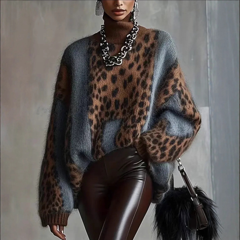 European and American Cross-Border Lazy Style Leopard Print Knitwear Women's Autumn and Winter Thickened Outer Wear Loose Retro Splicing Tops for Women European and American Cross-Border Lazy Style Leopard Print Knitwear Women's Autumn and Winter Thickened Outer Wear Loose Retro Splicing Tops for Women