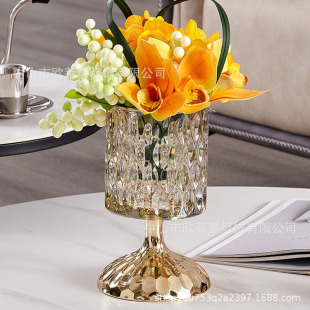 Crystal Glass Craft Decorative Vase Metal Bottom Household Glass Countertop Flower Candy Jar Cosmetic Case Ornaments