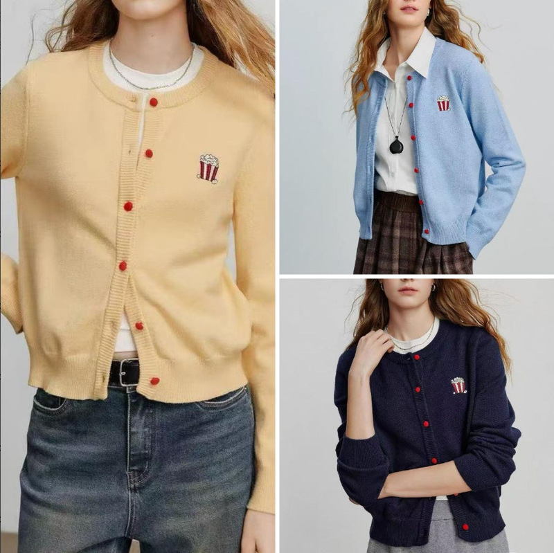 Cross-Border Women's Clothing Foreign Trade Cardigan Knitted Jacket Korean Style Knitted Cardigan Casual Temperament Versatile Autumn and Winter Round Neck Jacket