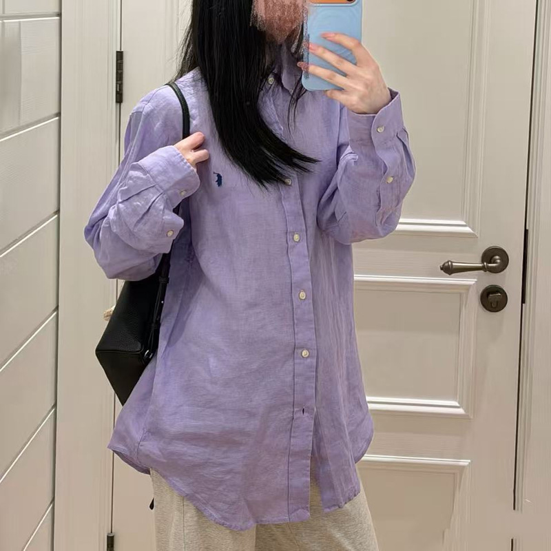 Original Rl Ralph Linen Shirt in Taro Purple, Brightening and Energetic, Versatile Korean-Style Solid Color Cardigan Shirt for Women in Summer
