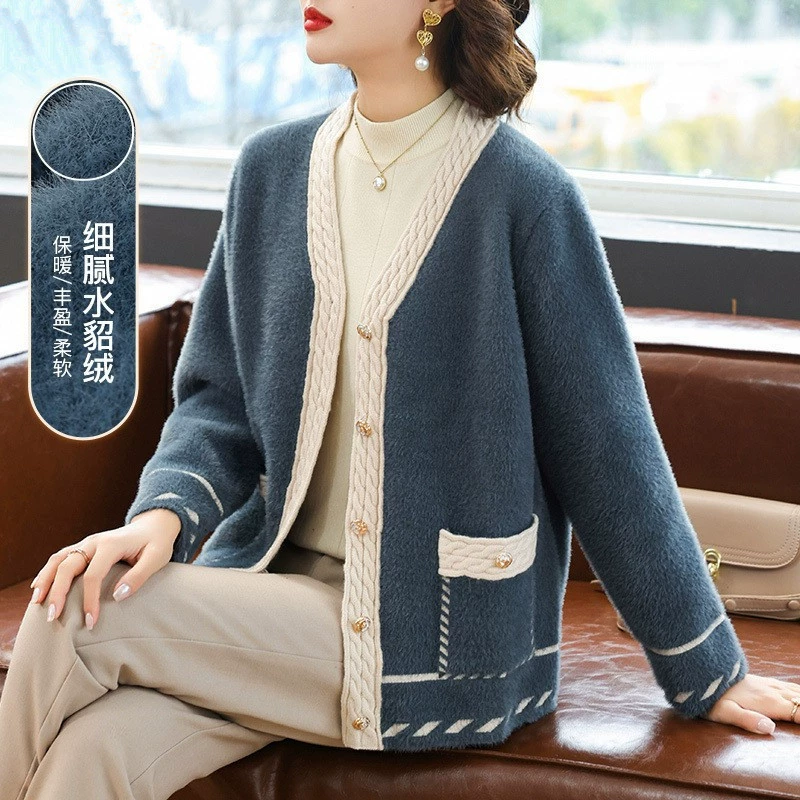 Осенне-зимняя одежда для мам, Норковое бархатное пальто больших размеров, женская одежда среднего возраста, женская одежда среднего и пожилого возраста, весенне-осенний вязаный шерстяной кардиган