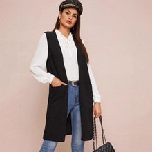 跨境货源女士纯色休闲无袖针织开衫马甲，前开襟长款带口袋外套