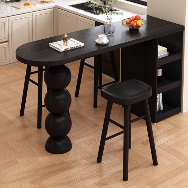 Medieval Style Pure Solid Wood Bar Table Home Kitchen Partition Table Black High Table with Cabinet Open Cylindrical Long Table