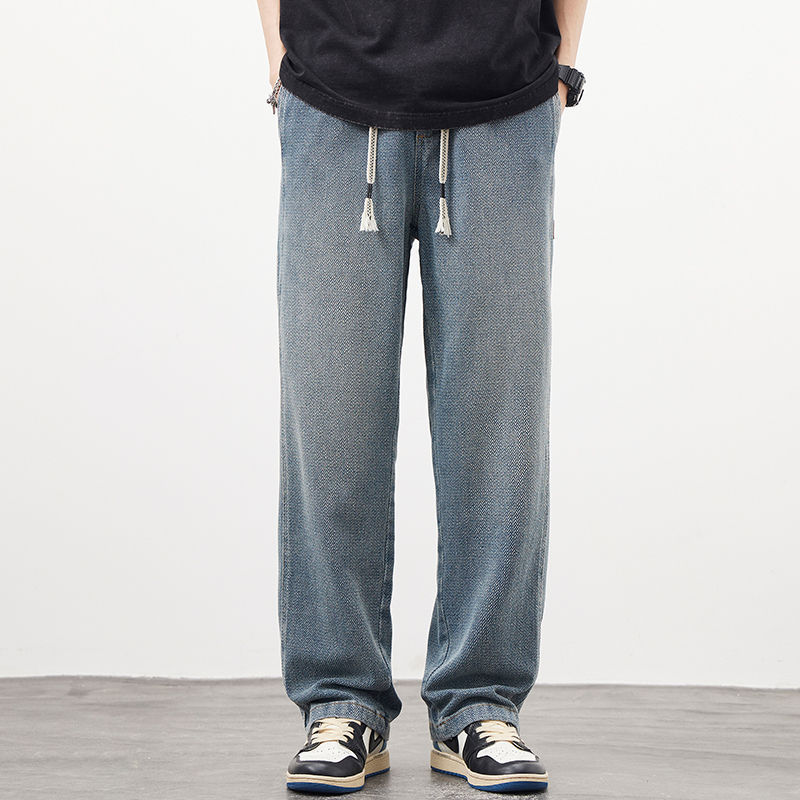 Jeans de verano para hombres 2025 nueva tendencia de primavera callejera alta cintura elástica casual pantalones sueltos retro