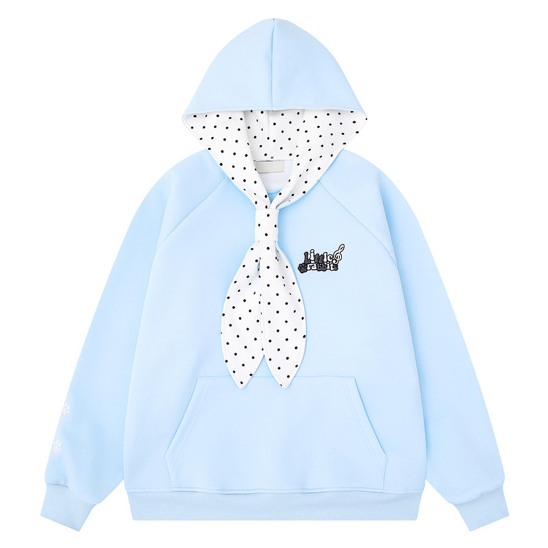 Light blue raglan sleeve hoodie with polka dots, rabbit ears, ribbons, cute embroidery, side paw prints, loose casual top for women Light blue raglan sleeve hoodie with polka dots, rabbit ears, ribbons, cute embroidery, side paw prints, loose casual top for women