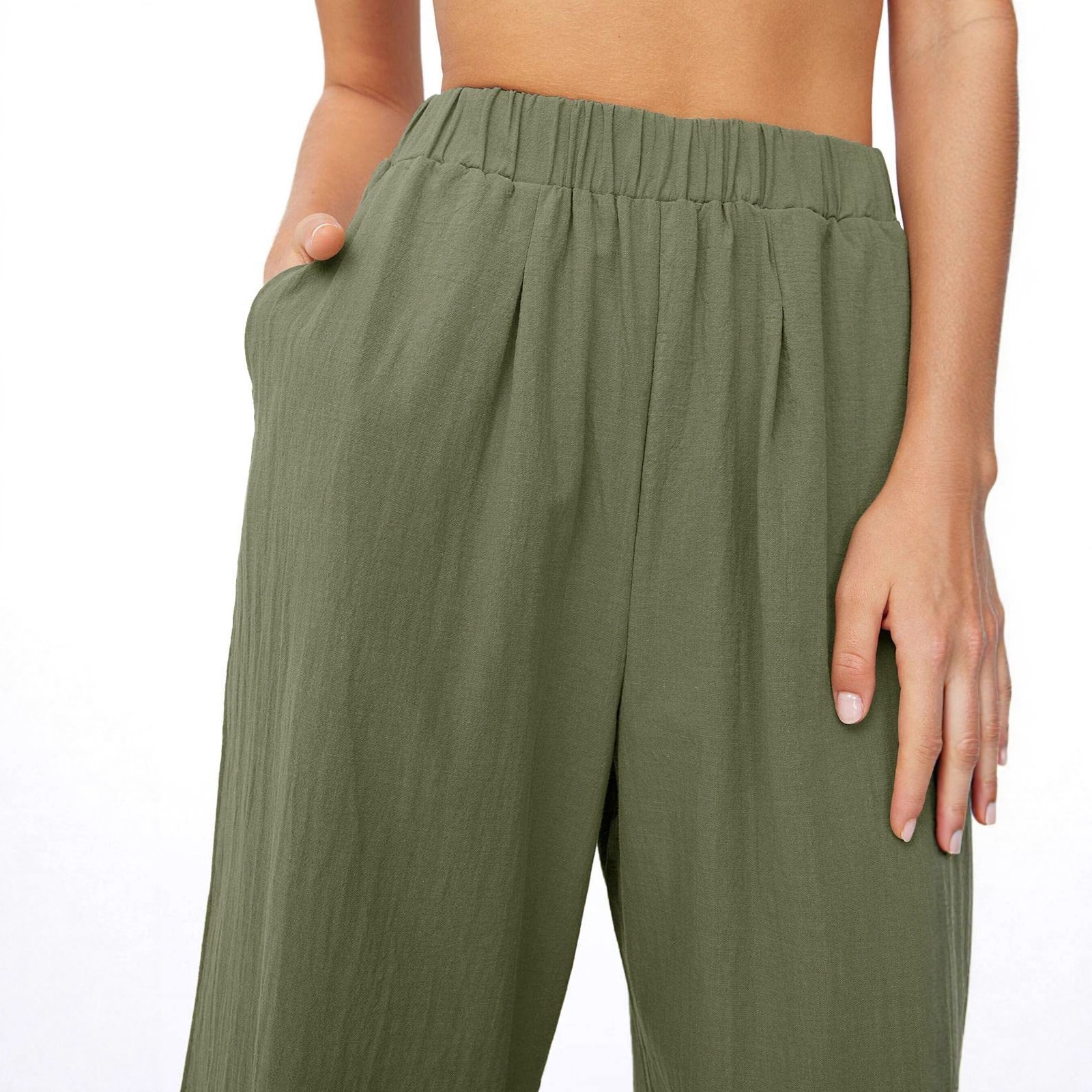Effortless High-Waisted Wide-Leg Linen-Blend Trousers For Women, Comfortable Loose Fit Casual Palazzo Pants_ecoleips.com