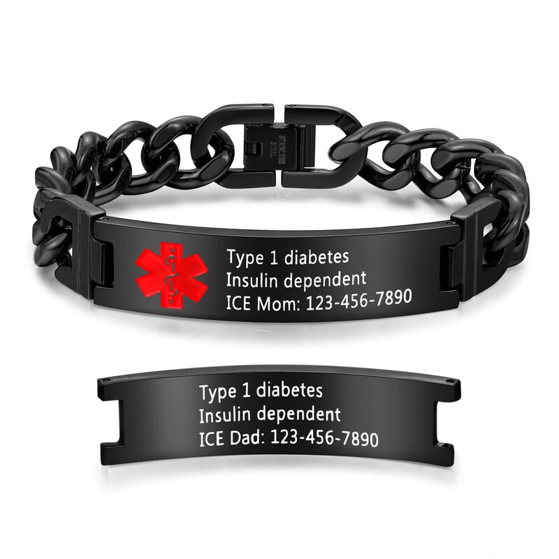 Men's Stainless Steel Bracelet with Black Curved Tag, Laser-Engraved Medical Assistance Information, Cuban Chain Curved Tag Bracelet Men's Stainless Steel Bracelet with Black Curved Tag, Laser-Engraved Medical Assistance Information, Cuban Chain Curved Tag Bracelet