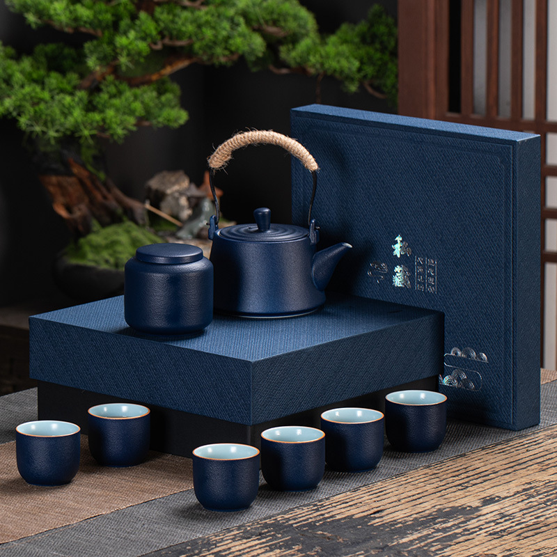 Coarse Pottery Teapot with Handle, Kung Fu Tea Set, Tea Cup, Tea Canister, Gift Box Set, Anniversary Gift, Business Gift