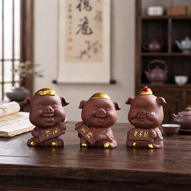 紫砂茶宠斗地主小胖猪八戒工艺品创意摆件招财福猪公仔吉祥装饰品