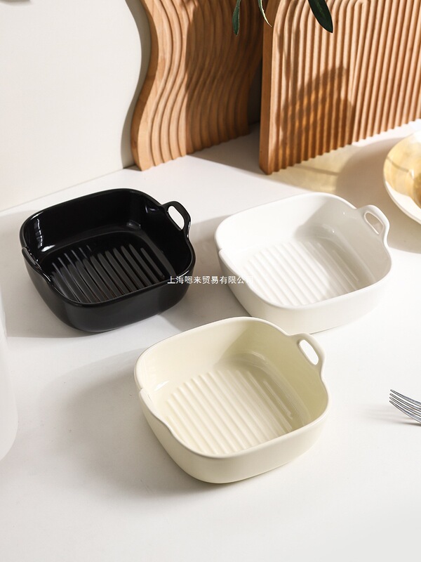 Fruit Salad Bowl Ceramic Bowl Air Fryer Oven High Temperature Resistant Household Bowl Baked Rice Bowl Baking Bowl Double Ears