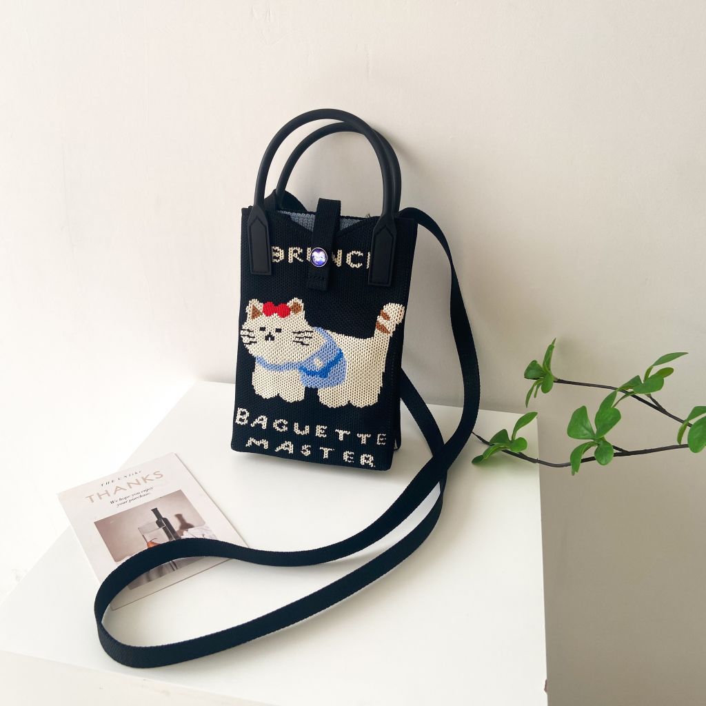 Bolso tejido para teléfono móvil con diseño único, mini bolso versátil con diseño de gato de la suerte, bolso cruzado para mujer, bolso de hombro.