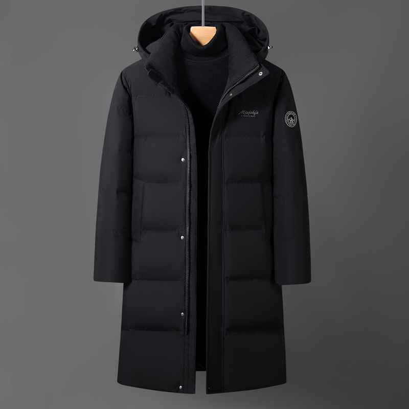 2024 Men's Long Down Jacket, Winter Style, White Goose Down, Over-the-Knee, Warm and Thick, Plus Size.