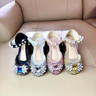 Spring and Summer 2025 Bow Korean Style Rhinestone Soft Sole Girls' Sandals Princess Shoes Children's Shoes Spring Girl's Leather Shoes