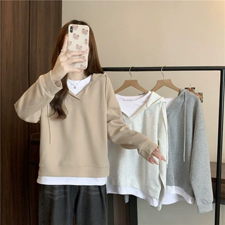 vintage连帽卫衣女春秋季薄款宽松显瘦拼接设计感小众假两件上衣