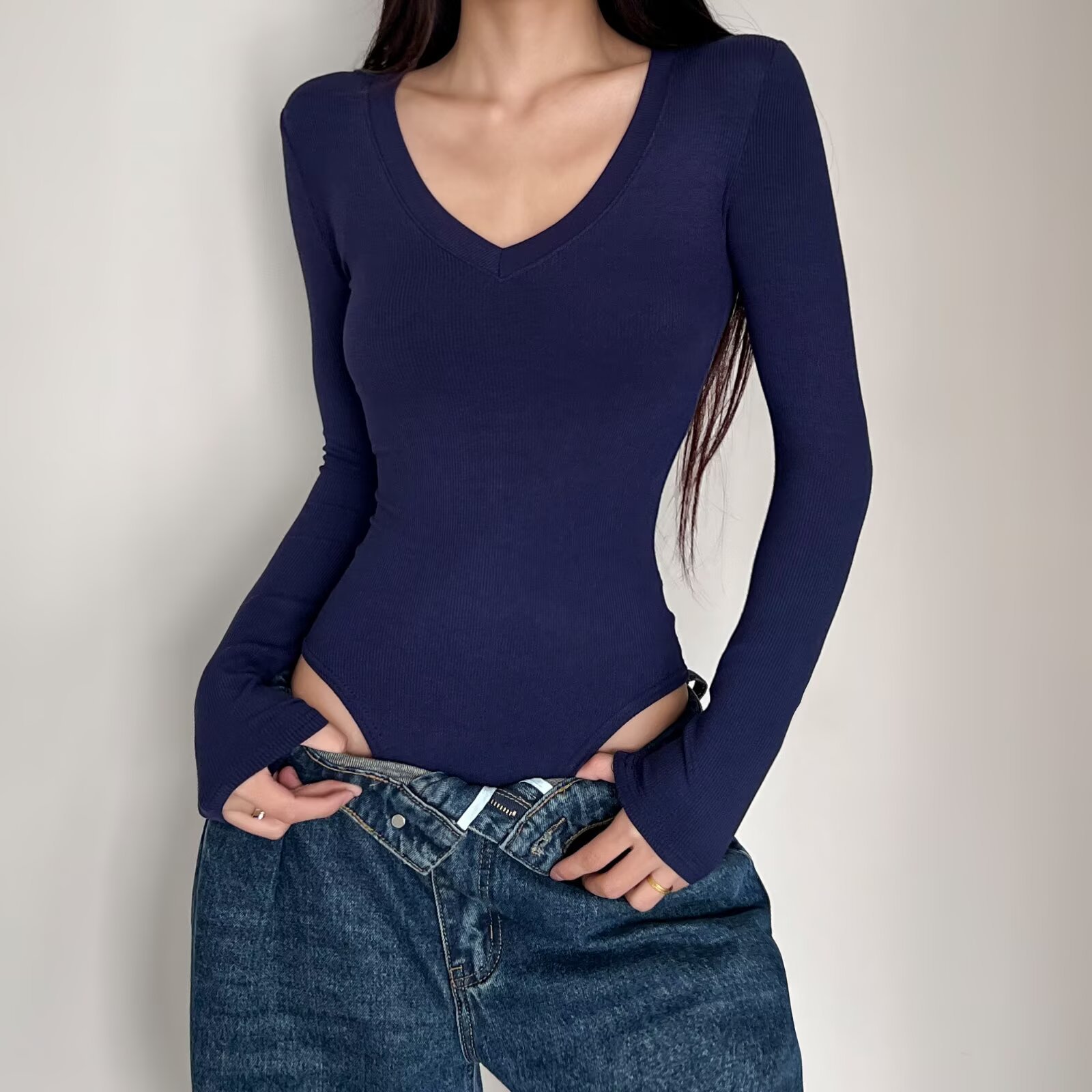American Basic V Neck Jumpsuit for Women, Elastic Slim Fit, Sexy Pure Color Elastic Bottoming Shirt, Top T-Shirt