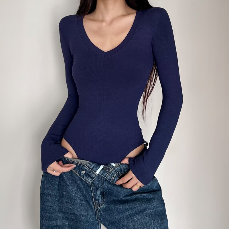 American Basic V Neck Jumpsuit for Women, Elastic Slim Fit, Sexy Pure Color Elastic Bottoming Shirt, Top T-Shirt