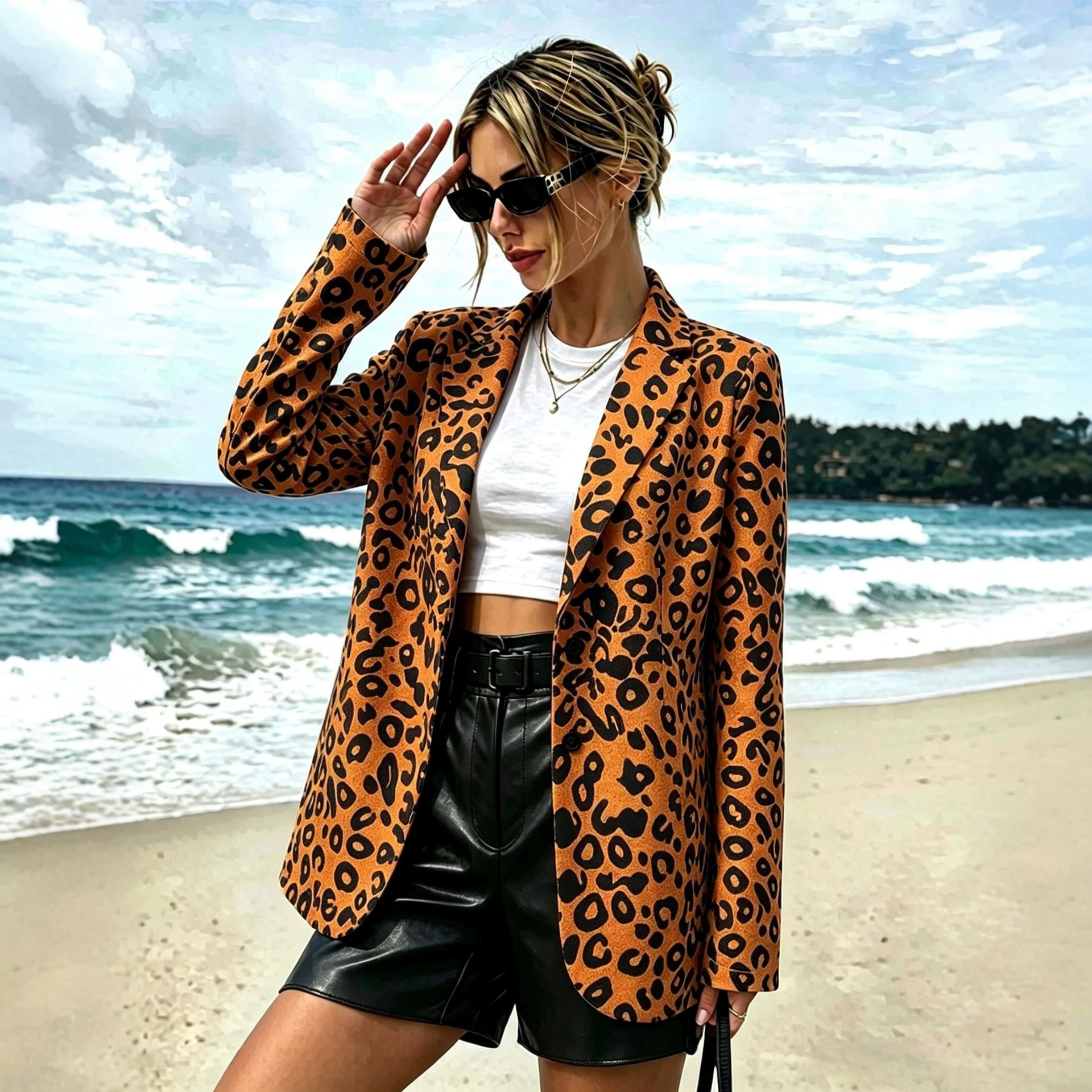Leopard print women's blazer, notched lapel loose long-sleeve casual suit, cross-border foreign trade women's suit