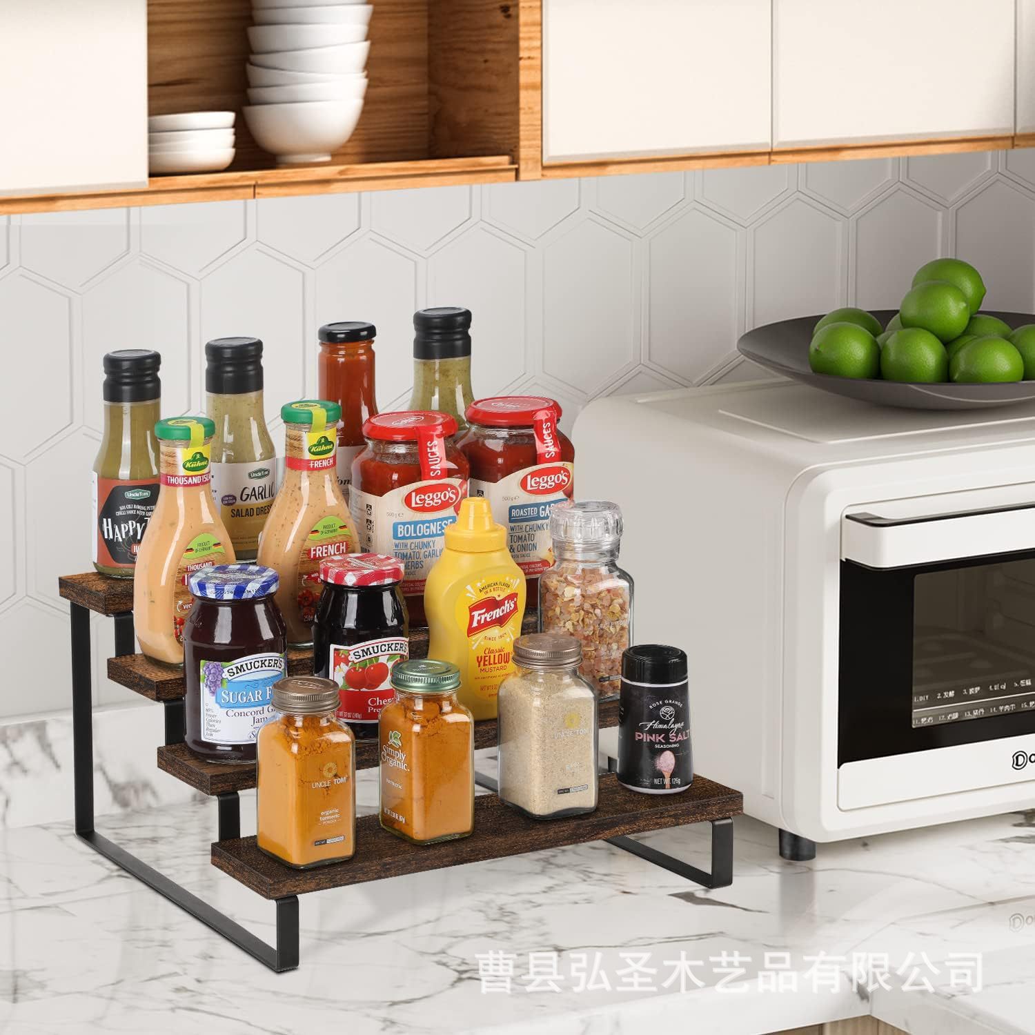 Soporte de exhibición de madera de venta caliente de Amazon Soporte de mesa de múltiples gabinetes de cocina Soporte de almacenamiento de especias Soporte de exhibición de encimera en capas
