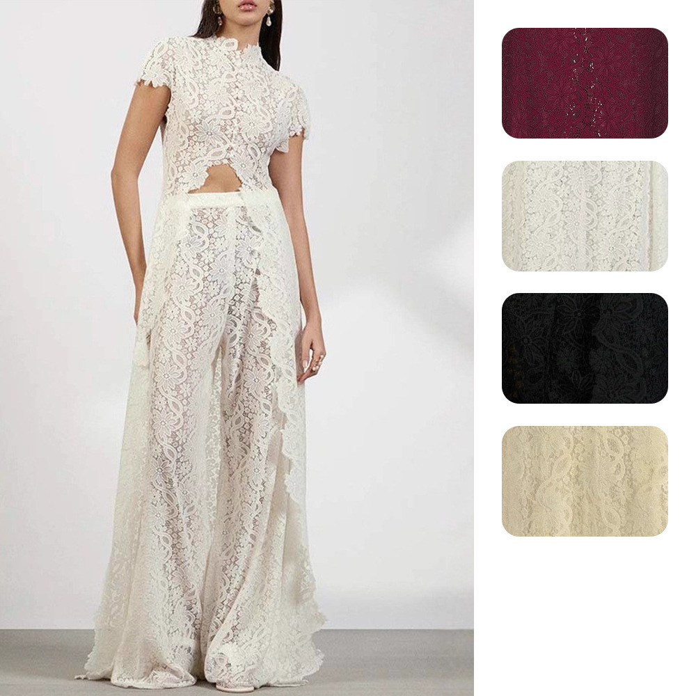 Independent Website European American Women's Clothing Lace Solid Color Dress With Hollow Out Round Neck,_ecoleips.com