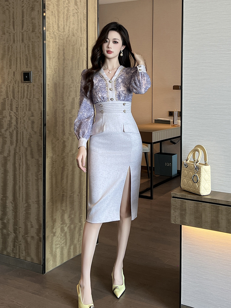 Đầm ôm body nữ cổ chữ V đính đá nặng phối ren — Tím khoai môn