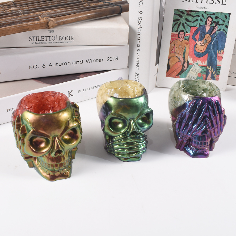 Mono Wansheng DIY epoxi cabeza del cráneo cubierta del oído cubierta del ojo boca pluma titular caja de almacenamiento decoración de yeso molde de silicona