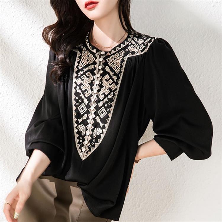 Real Shot Thin Satin Shirt New Early Autumn Women's French Elegant Slim plus size Shirt Embroidered Top