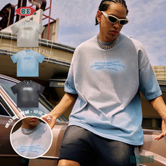 BE men's clothing 2025 spring and summer teenagers loose American street retro washing heavy small neckline short-sleeved T-shirt men