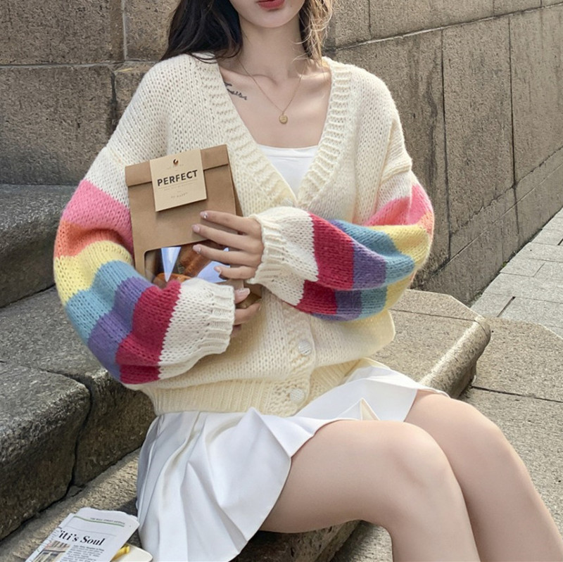 甜美少女风彩虹条纹V领针织开衫女韩系秋冬温柔时尚洋气毛衣外套|undefined