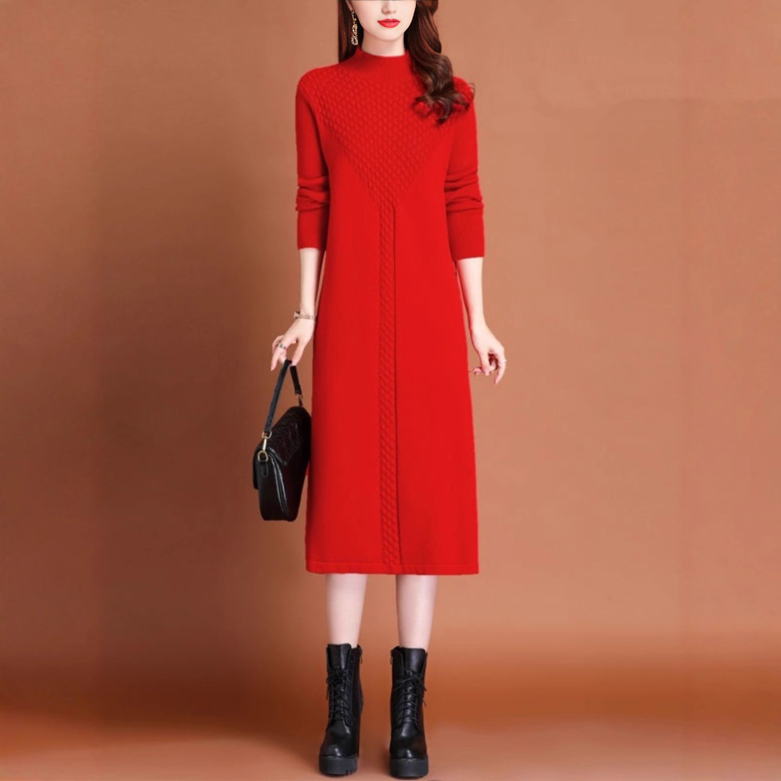 Cross-Border 2026 Spring and Autumn New Style Plus-Size Loose-Fitting Elegant Knit Dress for Women, Thick Over-The-Knee Long Dress