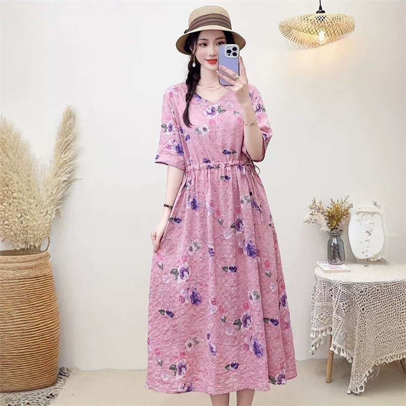 2025 новое платье с длинными рукавами, модное новое платье с цветочным принтом, большой размер, юбка средней длины, закрывающая живот, для похудения